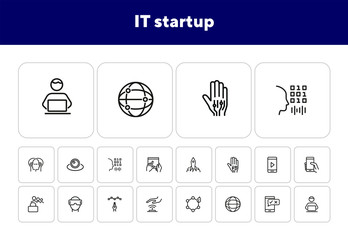 Poster - IT startup line icon set. Programmer, scanning, robotic hand, goggles. Business concept. Can be used for topics like information technology, software development, innovation