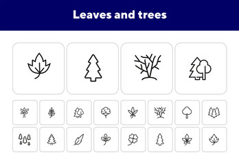 Wall Mural - Leaves and trees line icon set. Set of line icons on white background. Nature concept. Leaf, tree, forest. Vector illustration can be used