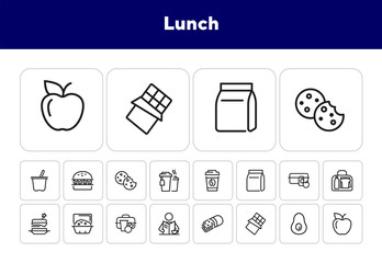 Poster - Lunch line icon set. Vegan burger, drink, fruit, bag, pack. Food concept. Can be used for topics like snack, lunch box, eating, school