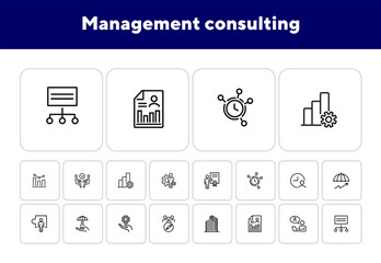 Poster - Management consulting line icon set. Office, employee, gear, clock. Business concept. Can be used for topics like analysis, advice, protection