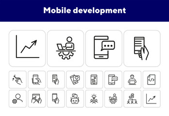 Poster - Mobile development line icon set. Mobile phone, using digital tablet, technician. Information technology concept. Can be used for topics like programming, coding, software