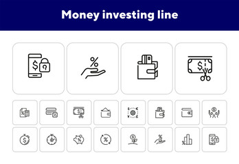 Poster - Money investing line icon set. Set of line icons on white background. Banking concept. Piggy bank, percent, purse. Vector illustration can be used for topics like investment, money, economy