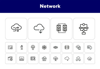 Poster - Network line icon set. Set of line icons on white background. Laptop, setting, file, downloading. Internet concept. Vector illustration can be used for topics like technology, internet, web