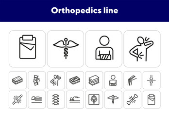 Sticker - Orthopedics line icons. Set of line icons. Broken bone, caduceus, insomnia. Orthocare concept. Vector illustration can be used for topics like treatment, surgery