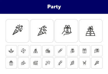 Sticker - Party line icon set. Crackers, devil horn gesture, gift, firework. Holiday concept. Can be used for topics like celebration, festive event, Christmas, birthday, congratulation, grand opening