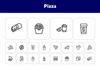 Wall Mural - Pizza line icon set. Set of line icons on white background. Fast food concept. Pizza slice, coffee, cocktail. Vector illustration can be used for topics like eating, food, snack