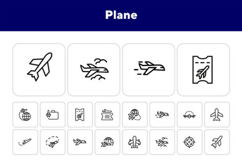 Wall Mural - Plane line icon set. Aircraft, globe, cloud. Transport concept. Can be used for topics like flight, travel, logistics