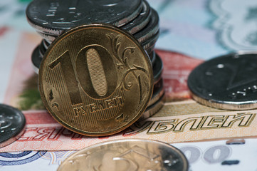 Money. Russian roubles coins and bills