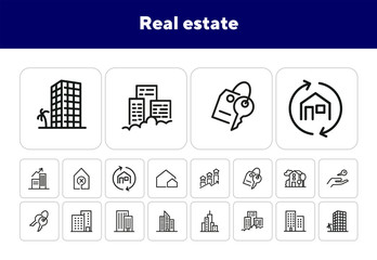 Sticker - Real estate icons. Set of line icons. Apartment houses, big city, house. Immovable property concept. Vector illustration can be used for topics like urban construction, town planning