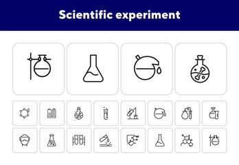 Sticker - Scientific experiment icon. Set of line icon on white background. Chemical reaction, laboratory equipment, research. Chemistry concept. Vector can be used for topics like medicine, education, science