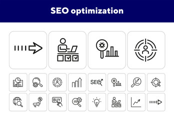 Poster - seo optimization icons. set of line icons. achieving results, brand manager. seo concept. vector ill