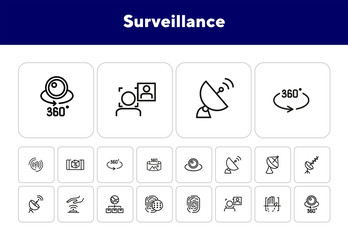 Poster - Surveillance line icon set. Camera, satellite dish, fingerprint. Security concept. Can be used for topics like modern technology, protection, access