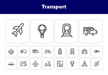 Canvas Print - Transport line icon set. Set of line icons on white background. Airplane, bicycle, car. Travel concept. Vector illustration can be used for topics like tourism, active lifestyle