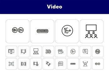 Poster - Video line icon set. Set of line icons on white background. Blogging concept. Camera, play, button, chat. Vector illustration can be used for topics like video, blogging, creating