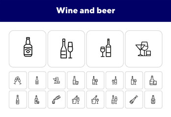 Wall Mural - Wine and beer line icon set. Set of line icons on white background. Alcohol concept. Bottle, glass, wine, beer. Vector illustration can be used for topics like bar, alcohol, restaurant