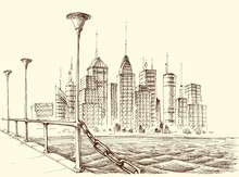 Skyscraper Panorama, City View From A Bridge Sketch
