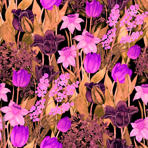 Watercolor seamless pattern with spring flowers: tulips, daffodils, lilac, mi...