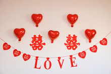 Red Double Happiness And Love Decorated On The Wall