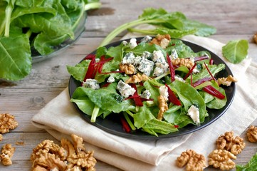 Vegetable salad with chard leaves,red beet, nuts and cheese