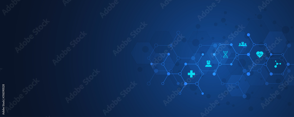 Healthcare and technology concept with flat icons and symbols. Template design for health care business, innovation medicine, science background, medical research. Vector illustration. - obrazy, fototapety, plakaty 