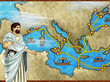 © honeyflavour - cartoon scene with greek or roman character or trader merchant on the map of mediterranean sea illustration for children