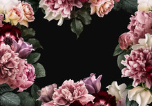 Frame Floral Banner, Header With Copy Space. Pink Peony, White Roses, Red Anemone, Purple Tulip Isolated On Black Background. Natural Flowers Wallpaper Or Greeting Card.