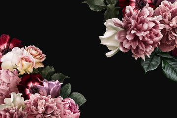 Wall Mural - Floral banner, header with copy space. Pink peony, white roses, red anemone, purple tulip isolated isolated on dark background. Natural flowers wallpaper or greeting card.