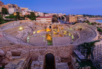 Sightseeing of Spain. Amphitheater in Tarragona, roman ruins at sunset, Tarragona, Catalonia region, Spain