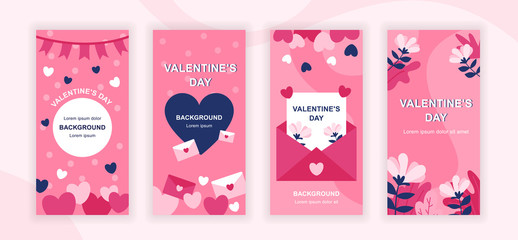 Valentines Day social media stories design templates vector set, backgrounds with copyspace - romantic holiday - backdrop for vertical banner, poster, greeting card - congratulation concept