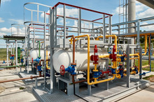 Gas Industry. Pipeline And Tank System. Tanks For Storing Liquefied Gas And Gas Condensate At A Gas Production And Processing Plant