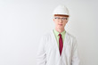 © Krakenimages.com - Albino scientist man wearing glasses and helmet standing over isolated white background with serious expression on face. Simple and natural looking at the camera.