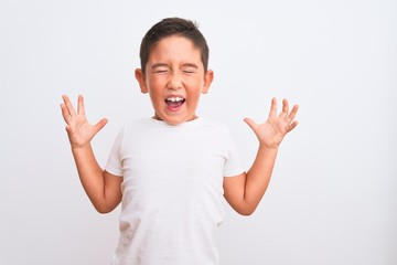 Sticker - Beautiful kid boy wearing casual t-shirt standing over isolated white background celebrating mad and crazy for success with arms raised and closed eyes screaming excited. Winner concept