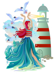 Illustration of marine fairy with seagulls, waves and a lighthouse. Beautiful sea princess. Poster for maritime company. Nautical background. Book cover for children fairy tale. Vector cartoon image.