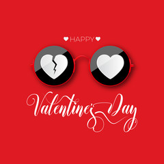 Sticker - Happy Valentines Day. Red round glasses with a white whole and broken heart.