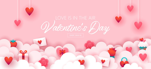 Valentines day holiday banner design with paper cut elements  background.