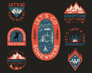 vintage camp logos, mountain badges set. hand drawn labels designs for t shirt. travel expedition, w
