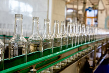 Bottles Are Moving On A Conveyor Belt At A Factory For The Production Of Russian Vodka