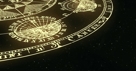 ancient golden wheel zodiac signs floating and spinning in space starry background animation