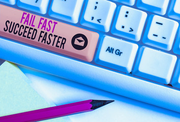 Poster - Handwriting text Fail Fast Succeed Faster. Conceptual photo dont give up keep working on it to achieve White pc keyboard with empty note paper above white background key copy space