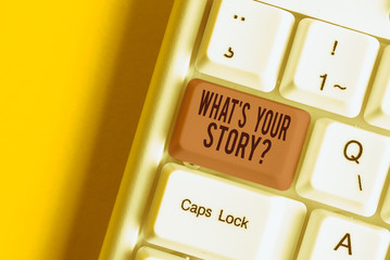 Poster - Word writing text What S Your Story Question. Business photo showcasing asking demonstrating about his past life actions career or events White pc keyboard with empty note paper above white background