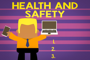 Poster - Word writing text Health And Safety. Business photo showcasing procedures intended to prevent accident in workplace Standing professional man tie holding left open laptop right mobile phone