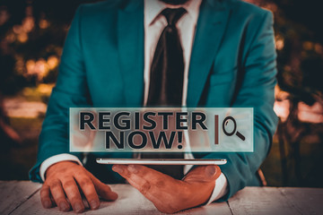 Poster - handwriting text register now. conceptual photo official list or record showing or things into forum