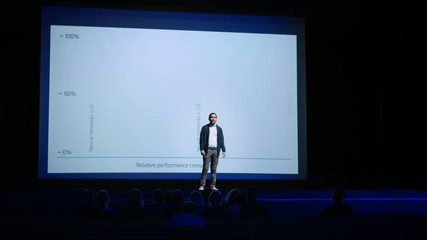 Aufkleber - Startup Conference Stage: Speaker Presents New Product, Talks about Performance, Neural Networks, Artificial Intelligence, Big Data and Machine Learning. Live Event, Device Release, Start-up Business