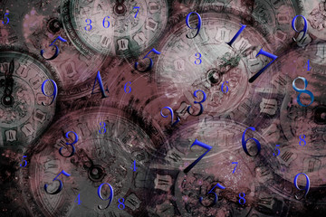  Blue numbers fly against the clock, numerology