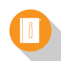 Poster - White User manual icon isolated on white background. User guide book. Instruction sign. Read before use. Orange circle button. Vector Illustration