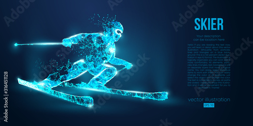 Cuadros en Lienzo Abstract silhouette of a skier jumping from particles on blue background