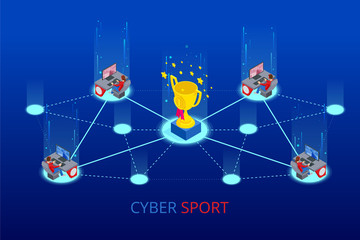 Isometric Cybersports competition. Cybersport arena with gamers. Online game tournament in player vs player format. Cybersport competition with winner cup.