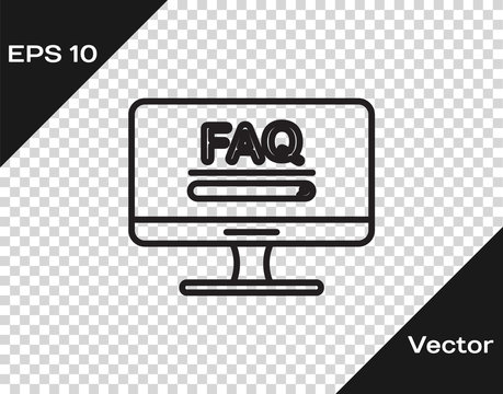 Black line Computer monitor with text FAQ information icon isolated on transparent background. Frequently asked questions. Vector Illustration