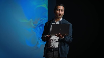 Aufkleber - Business Conference Stage: Indian Tech Development Guru Presents Firm's Newest Product, He's Holding Laptop and Does Motivational Talk about Science, Technology, Software Development and Leadership