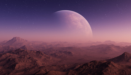 3d rendered Space Art: Alien Planet - A Fantasy Landscape with purple skies and stars